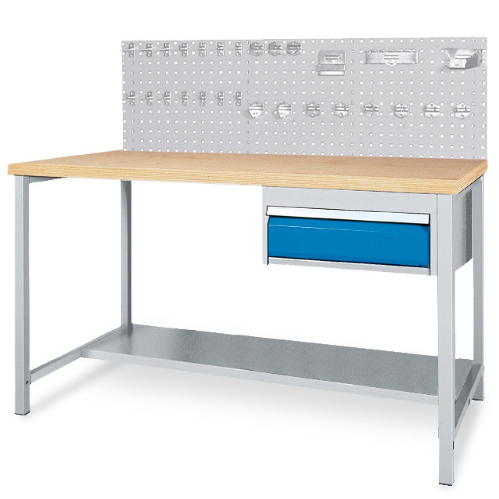 Obrázek produktu: Kompletní sada pracovního stolu se zásuvkou + perforovaná zadní deska + sortiment háčků Bedrunka+Hirth, VxŠxH 1310 x 1500 x 750 mm