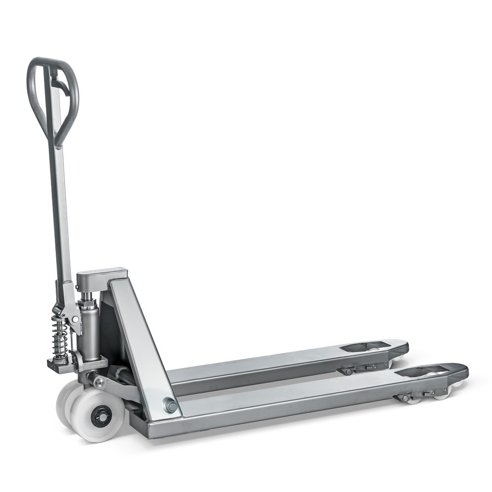 Číslo obrázku produktu 1: Ruční paletový vozík z ušlechtilé oceli INOX, délka vidlí 1130 mm, nylon, tandemová kolečka