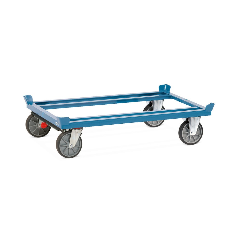 Obrázek produktu: Přepravní podvozek fetra® se stohovacími rohy, nosnost 750 kg, pro palety 1200 x 800 mm, pneumatiky TPE, centrální brzda