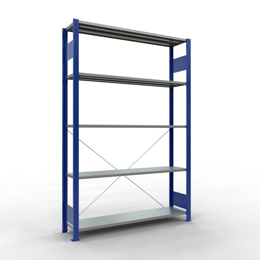 Obrázek produktu: Policový regál SCHULTE, hořcová modř / pozink, 5 polic z ocelového plechu, nosnost police 150 kg, VxŠxH 2000 x 1 360 x 336 mm