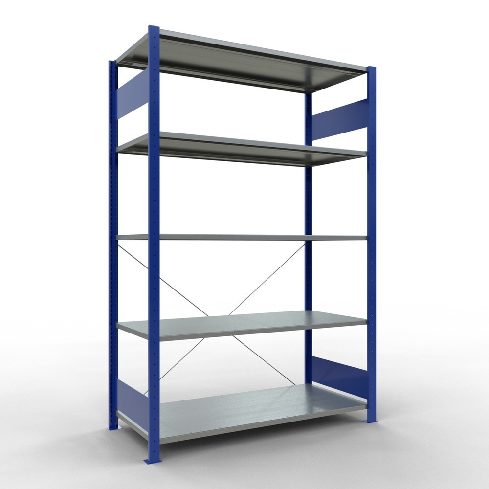 Obrázek produktu: Policový regál SCHULTE, hořcová modř / pozink, 5 polic z ocelového plechu, nosnost police 150 kg, VxŠxH 2000 x 1 360 x 636 mm