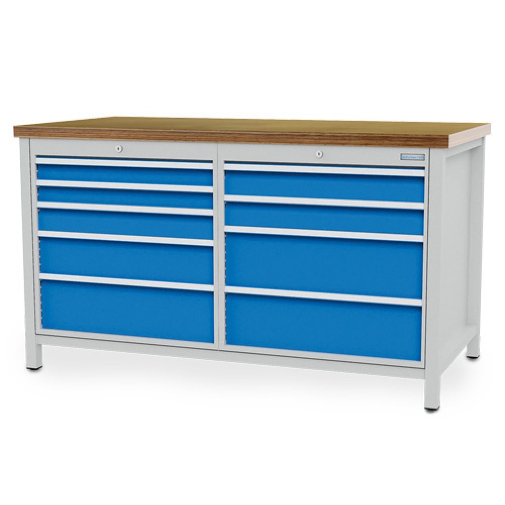 Obrázek produktu: Pracovní stůl Bedrunka+Hirth R 24-24, VxŠxH 959 x 1500 x 750 mm, světle šedá, světle modrá, 9 ks zásuvka 2x75 + 3x100 + 1x150 + 3x200 mm