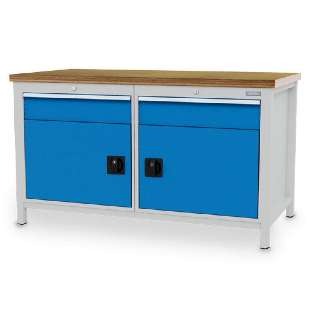 Obrázek produktu: Pracovní stůl Bedrunka+Hirth R 24-24, VxŠxH 859 x 1500 x 750 mm, světle šedá, světle modrá, 2 ks zásuvka 2x150 mm, 2 křídlové dveře 2x450 mm