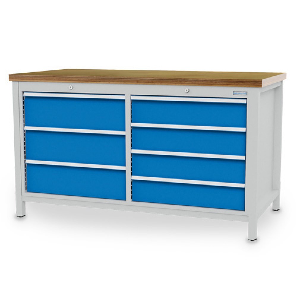 Obrázek produktu: Pracovní stůl Bedrunka+Hirth R 24-24, VxŠxH 859 x 1500 x 750 mm, světle šedá, světle modrá, 7 ks zásuvka 4x150 + 3x200 mm