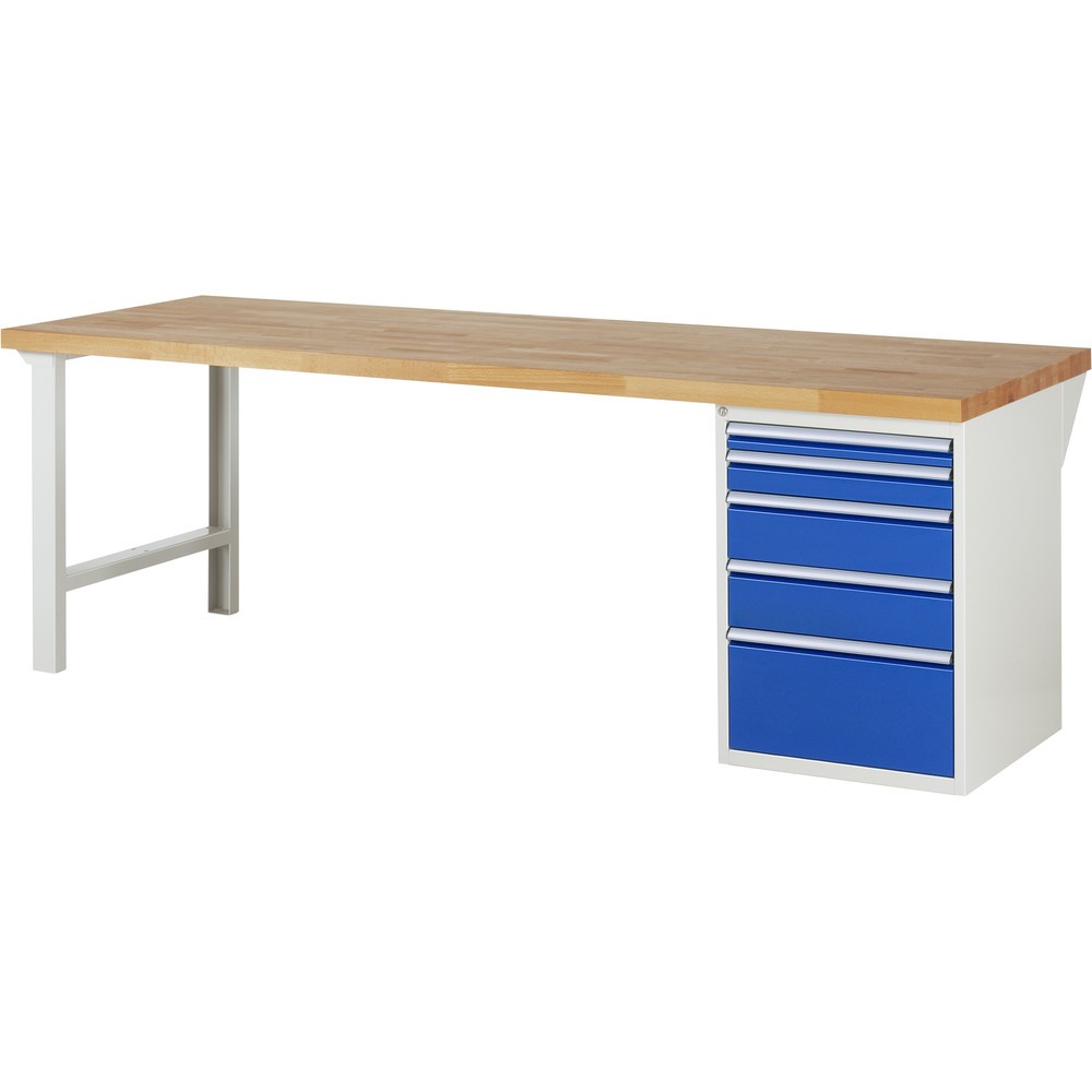 Číslo obrázku produktu 1: Pracovní stůl RAU, řada 7000, V×Š×H 890 × 2500 × 900 mm, 1 spodní kontejner vpravo, 5 zásuvek