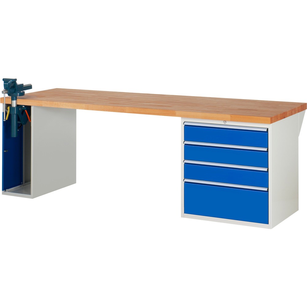 Obrázek produktu: Pracovní stůl RAU řada 7000, 2 kontejnery, VxŠxH 840 x 2500 x 900 mm, 4x zásuvka s výsuvem 90 %, 3 x 150 mm, 1 x 270 mm, nosnost zásuvky 100 kg