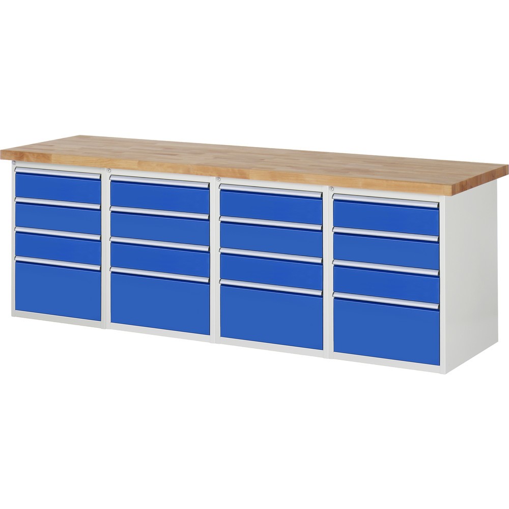 Obrázek produktu: Pracovní stůl RAU, řada 7000, V×Š×H 890 × 2500 × 700 mm, 4 spodní kontejnery, každý se 4 zásuvkami