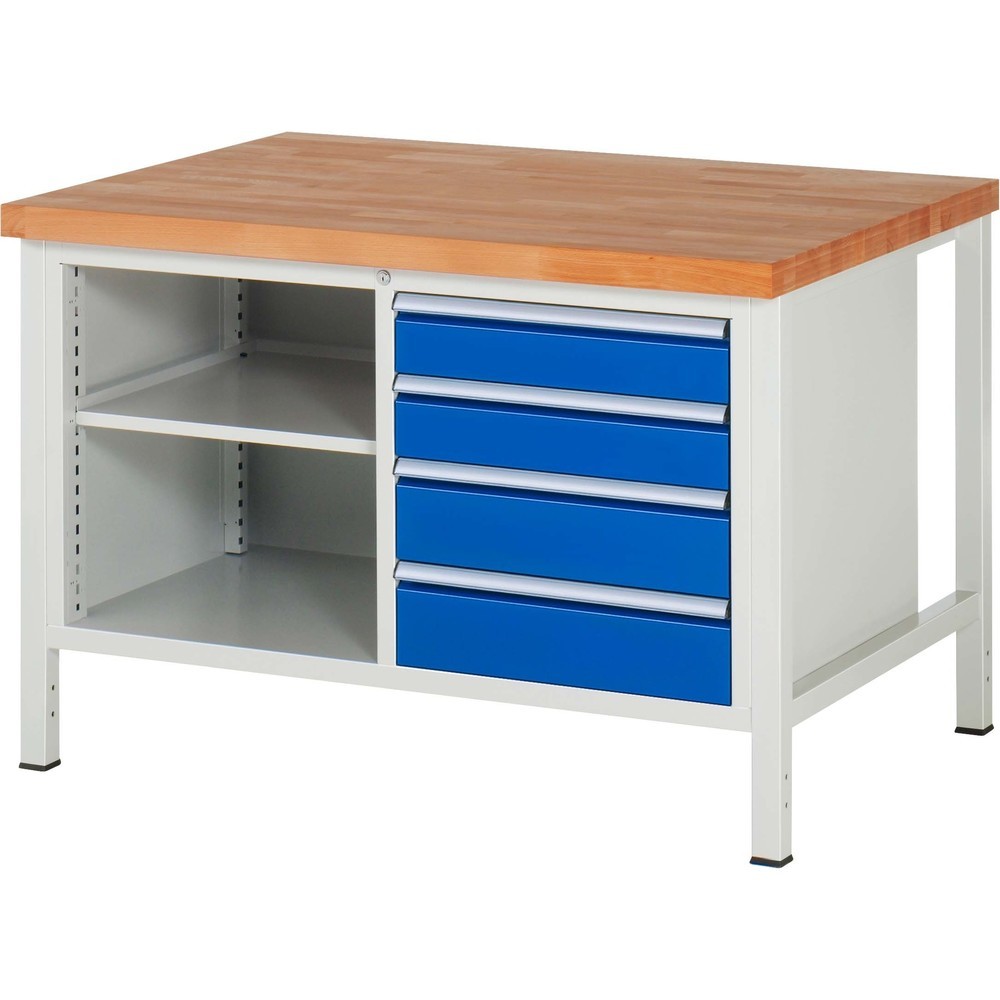 Obrázek produktu: Pracovní stůl RAU řada 8000, V×Š×H 840-1040 × 1250 × 900 mm, 1 dvojitý spodní kontejner, se 4 zásuvkami