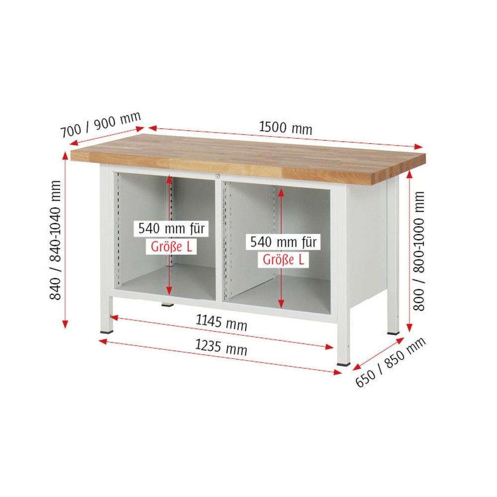 Číslo obrázku produktu 5: Pracovní stůl RAU řada 8000, 1 dvojitý kontejner, VxŠxH 840-1040 x 1500 x 900 mm, 8x zásuvka s výsuvem 90 %, 4 x 90, 2 x 150, 2 x 210 mm, nosnost zásuvky 100 kg