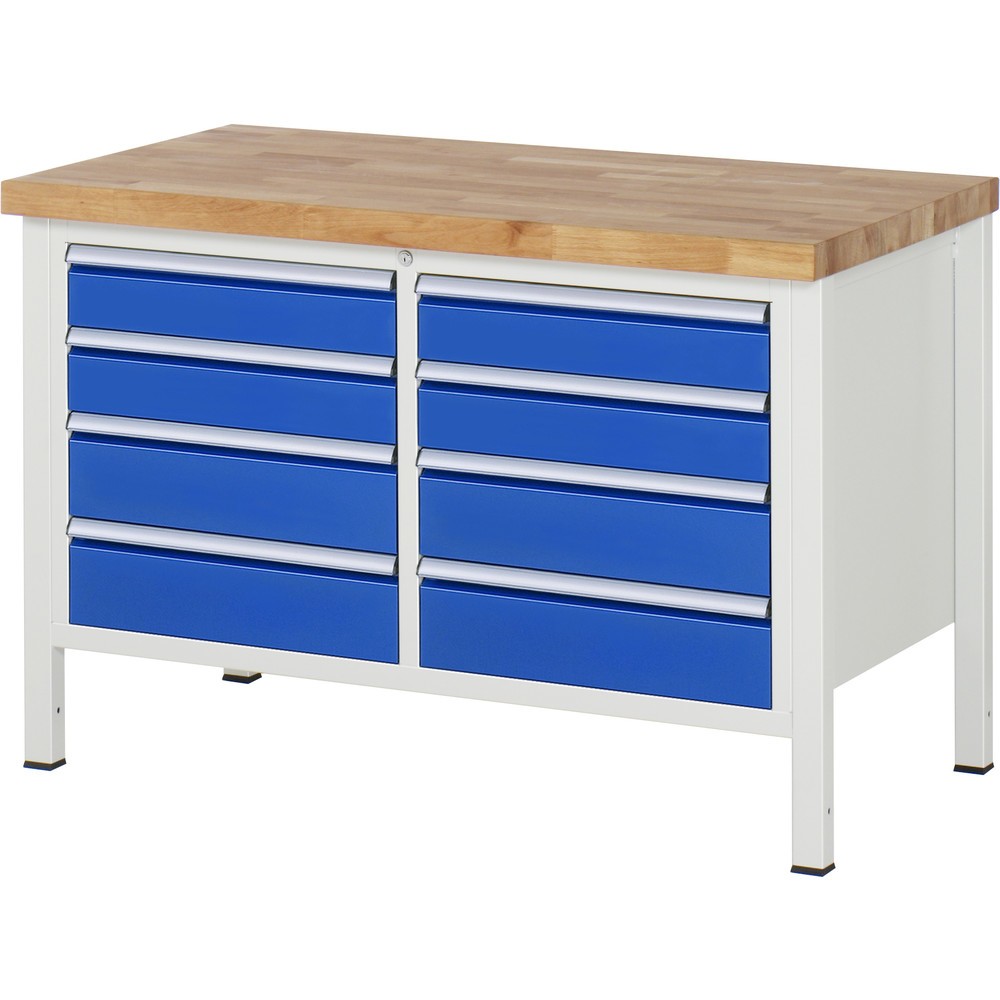 Obrázek produktu: Pracovní stůl RAU řada 8000, V×Š×H 840-1040 × 1250 × 700 mm, 1 dvojitý spodní kontejner, s 8 zásuvkami