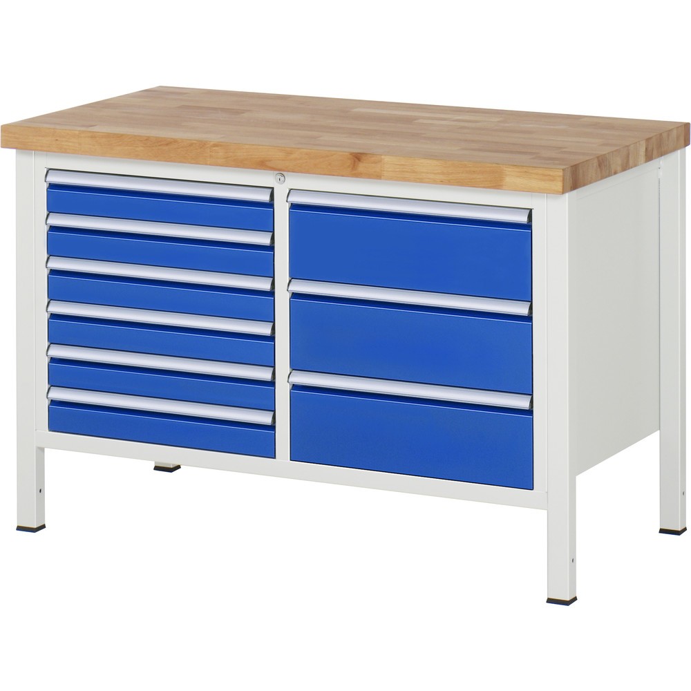 Číslo obrázku produktu 1: Pracovní stůl RAU řada 8000, V×Š×H 840-1040 × 1250 × 700 mm, 1 dvojitý spodní kontejner, s 9 zásuvkami