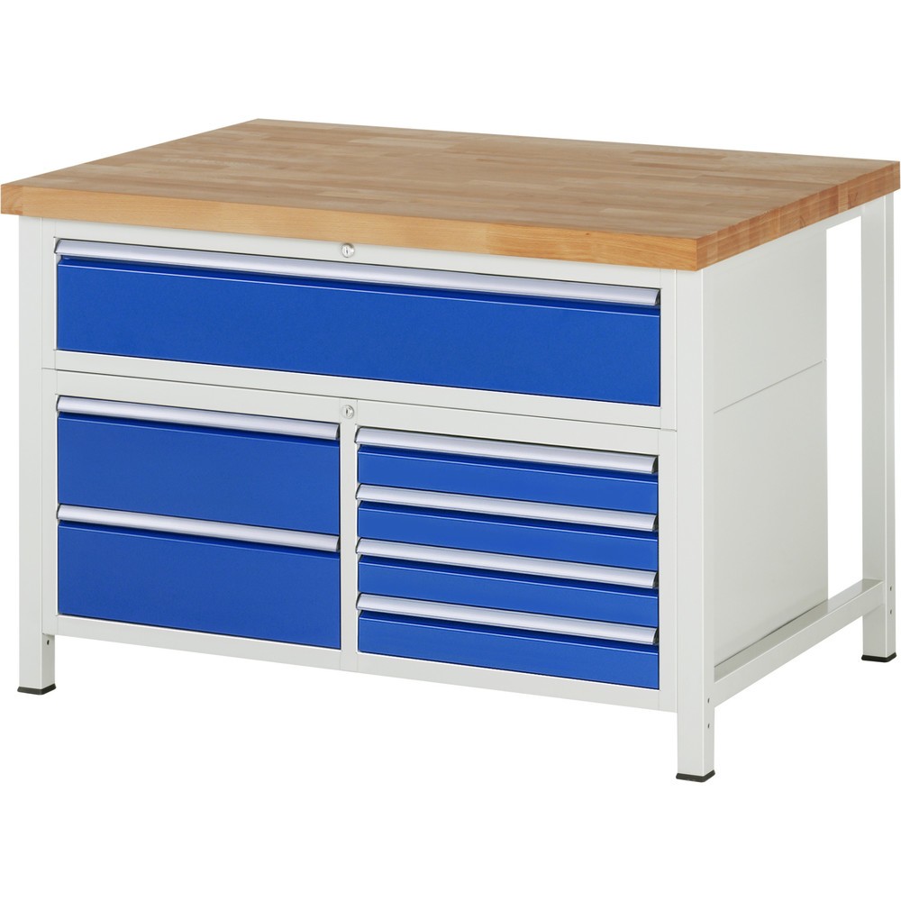 Číslo obrázku produktu 1: Pracovní stůl RAU řada 8000, 1 trojitý kontejner, VxŠxH 840 x 1250 x 900 mm, 7x zásuvka s výsuvem 90 %, 4 x 90, 3 x 180 mm