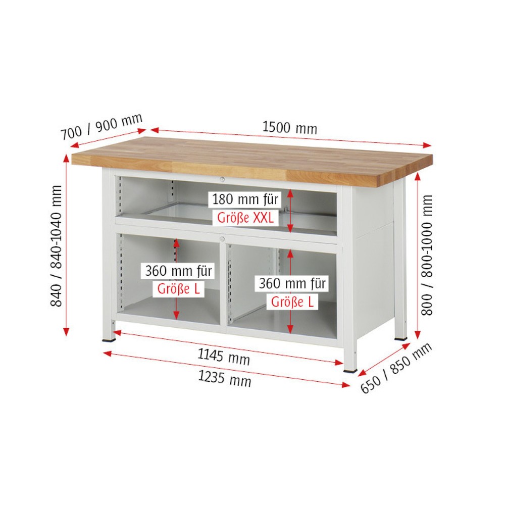 Číslo obrázku produktu 6: Pracovní stůl RAU řada 8000, 1 trojitý spodní kontejner, VxŠxH 840-1040 x 1500 x 700 mm, 7x zásuvka s výsuvem 90 %, 4 x 90, 3 x 180 mm