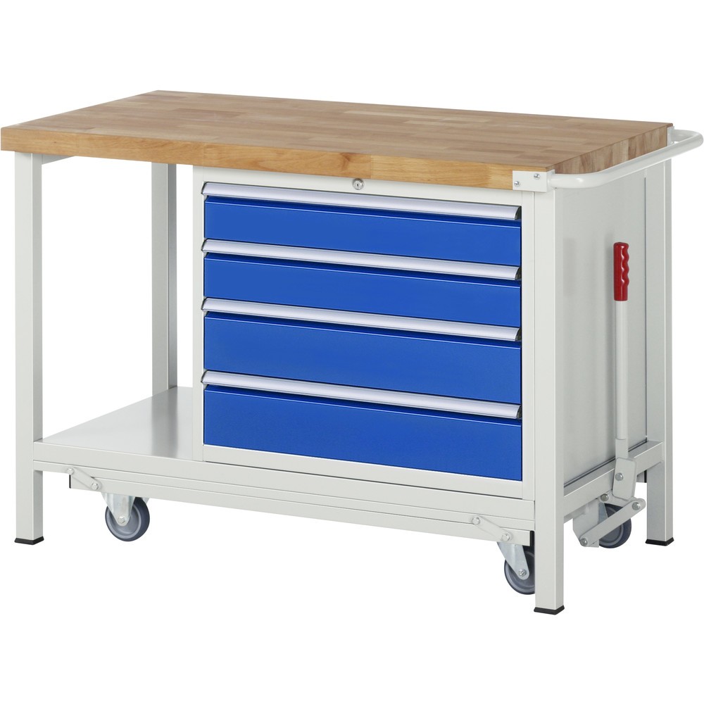Obrázek produktu: Pracovní stůl RAU s podvozkem řady 8000, V×Š×H 880 × 1250 × 700 mm, 1 spodní kontejner vpravo, 4 zásuvky