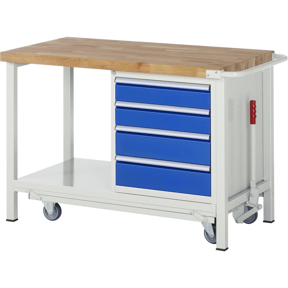 Obrázek produktu: Pracovní stůl RAU s podvozkem řady 8000, V×Š×H 880 × 1250 × 700 mm, 1 spodní kontejner vpravo, 4 zásuvky