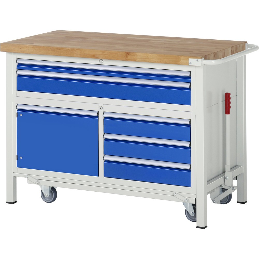 Obrázek produktu: Pracovní stůl RAU s podvozkem řady 8000, V×Š×H 920 × 1250 × 700 mm, 1 trojitý spodní kontejner, 5 zásuvek a 1 křídlové dveře
