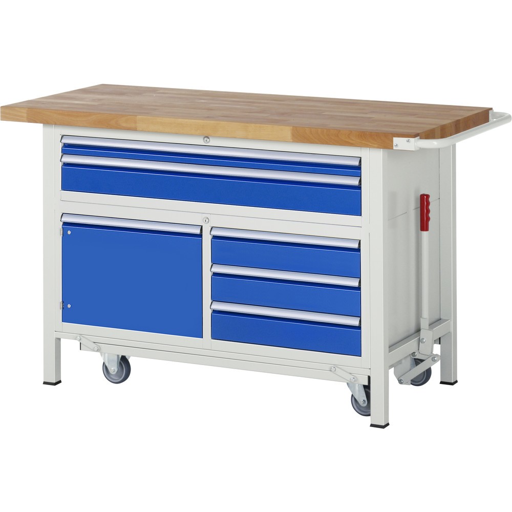 Obrázek produktu: Pracovní stůl RAU s podvozkem řady 8000, V×Š×H 920 × 1500 × 700 mm, 1 trojitý spodní kontejner, 5 zásuvek a 1 křídlové dveře