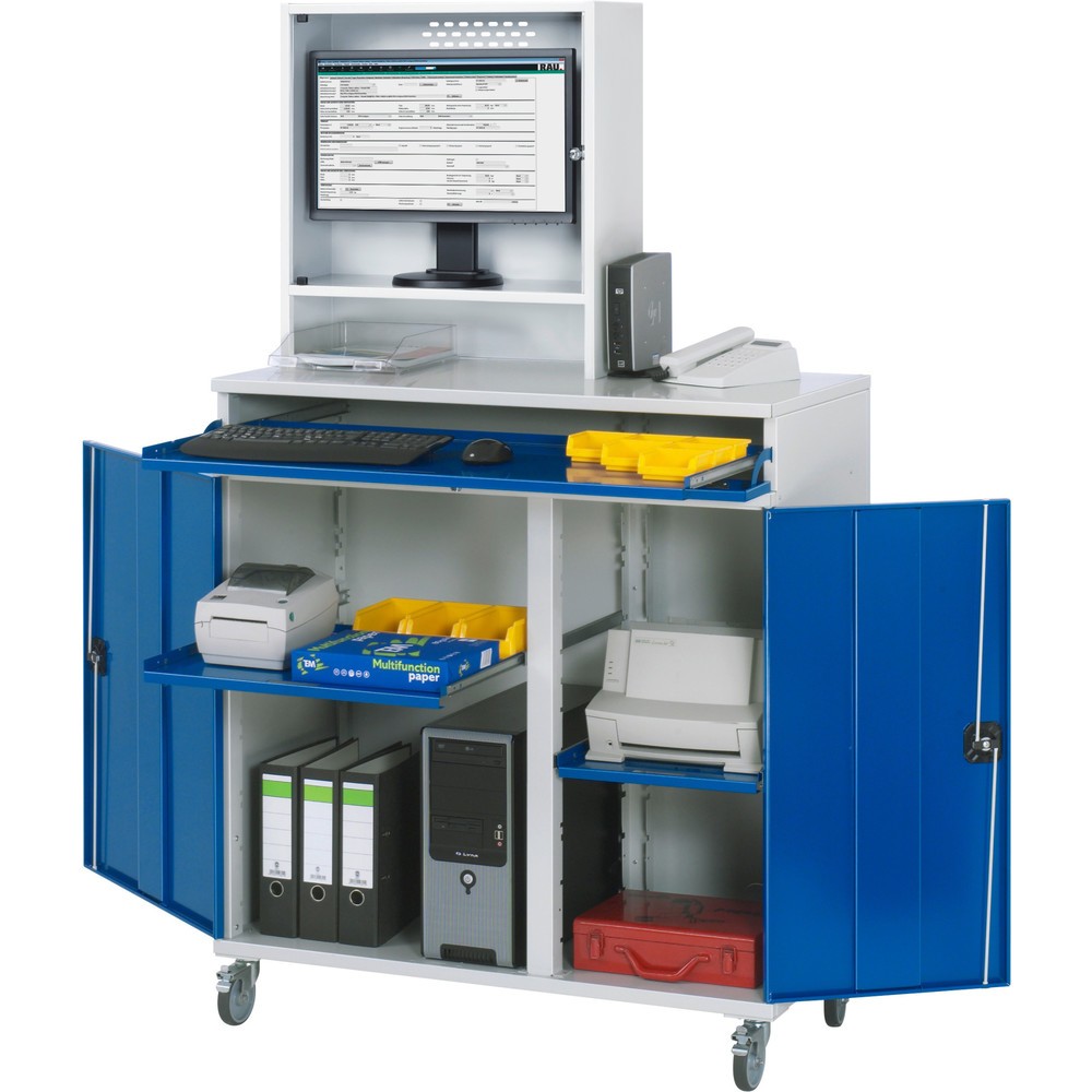 Obrázek produktu: Skříň pro počítač RAU, kryt na monitor, zásuvka na klávesnici, dvojité křídlové dveře, hloubka přihrádky pro monitor 230, 2x výsuvná police, mobilní