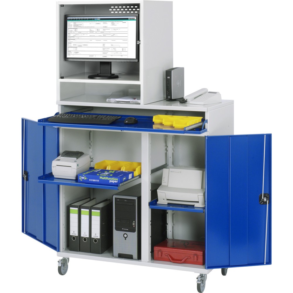 Obrázek produktu: Skříň pro počítač RAU, kryt na monitor, zásuvka na klávesnici, dvojité křídlové dveře, hloubka přihrádky pro monitor 500, 2x výsuvná police, mobilní