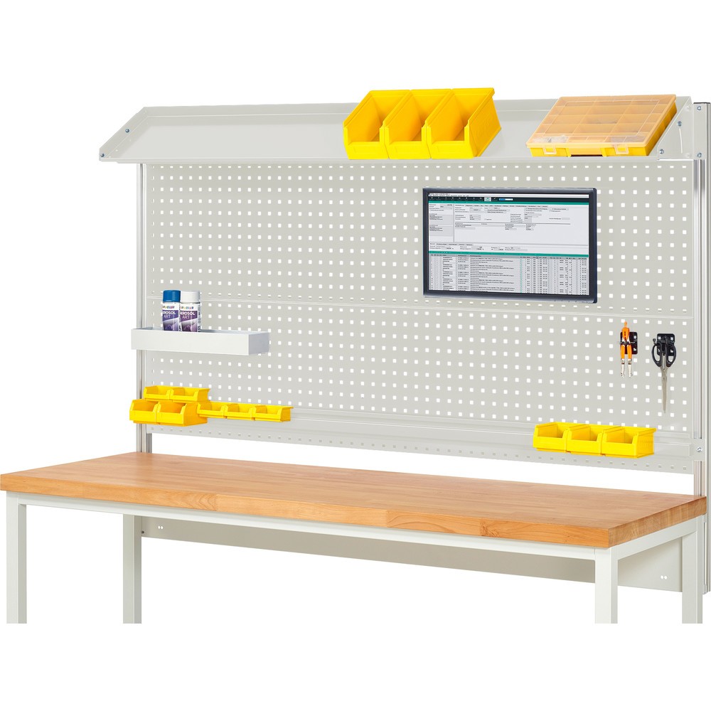Obrázek produktu: Nástavba pracovního stolu RAU, VxŠxH 1130 x 2000 x 350 mm, 1 sklopná kovová odkládací plocha, 1 přídržná lišta a 1 držák pro plochý monitor, kompletní sada 02 pro šířku výrobku 2000 mm