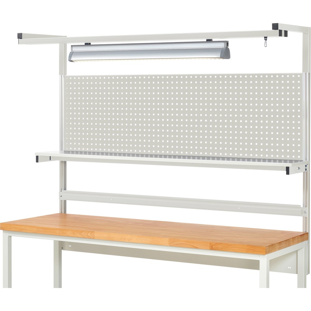 Číslo obrázku produktu 2: Nástavba pracovního stolu RAU, VxŠxH 1380 x 2000 x 350 mm, 1 etážová police, 1 přídržná lišta, 1 pár výložníků a 1 svítidlo, kompletní sada 04 pro šířku výrobku 2000 mm