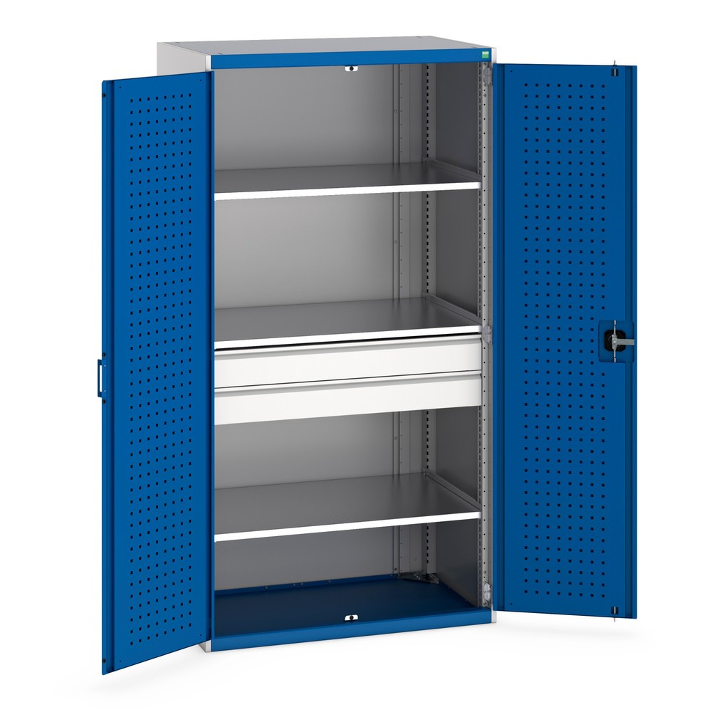 Obrázek produktu: Systémová skříň s křídlovými dveřmi bott cubio se 3 policemi, 2 zásuvky, V×Š×H 2000 × 1050 × 650 mm, enziánová modrá